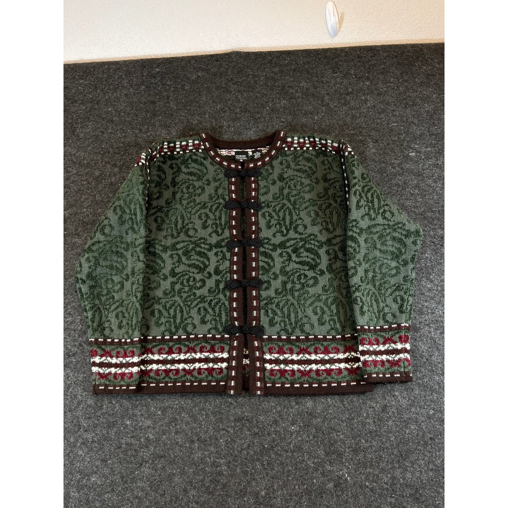 Nordic Design Green Wool Blend Fair Isle Frog Toggle Cardigan Sweater Mens M